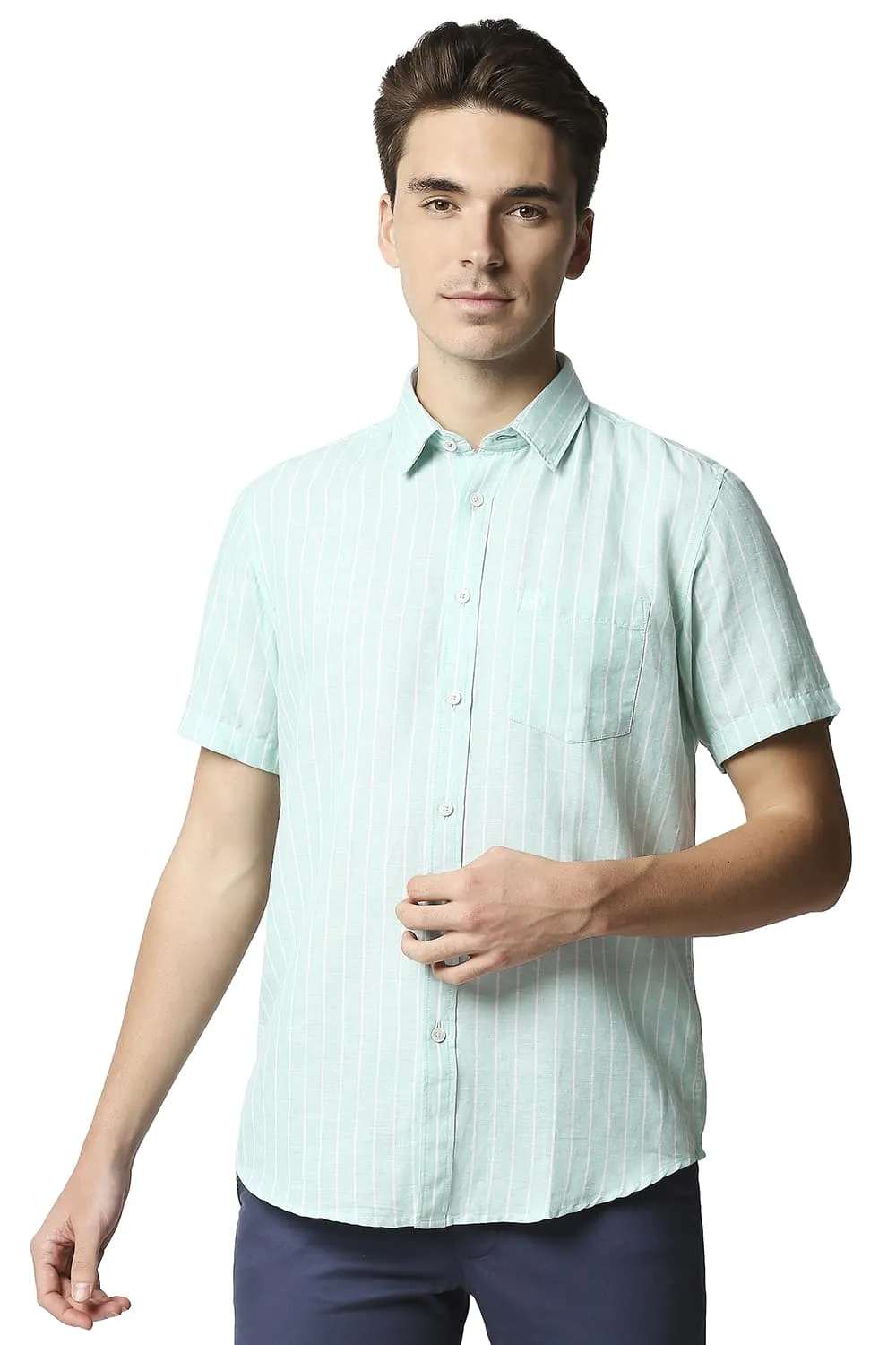 Slim Fit Cotton Linen Stripe Halfsleeves Shirt