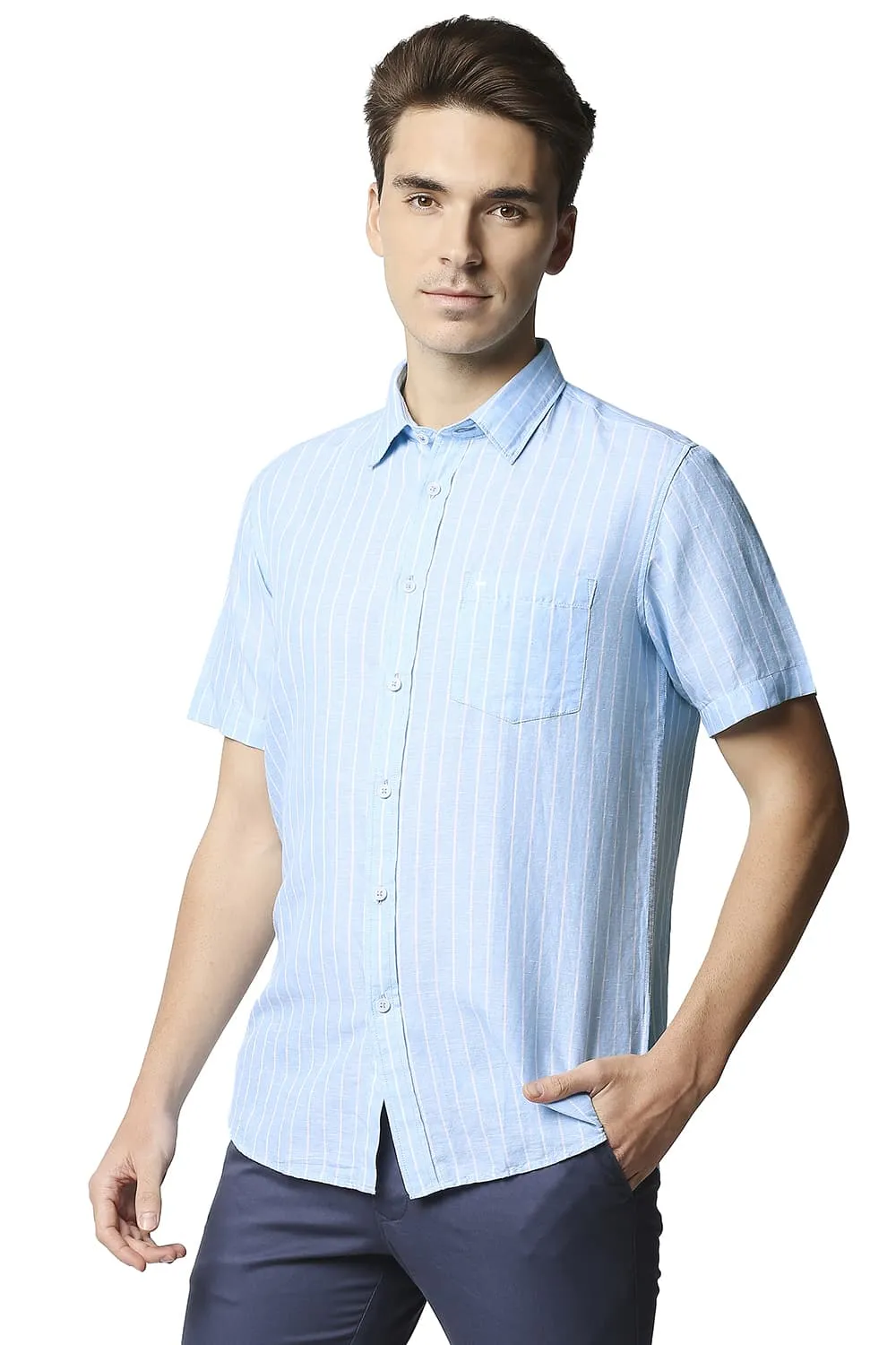 Slim Fit Cotton Linen Stripe Halfsleeves Shirt