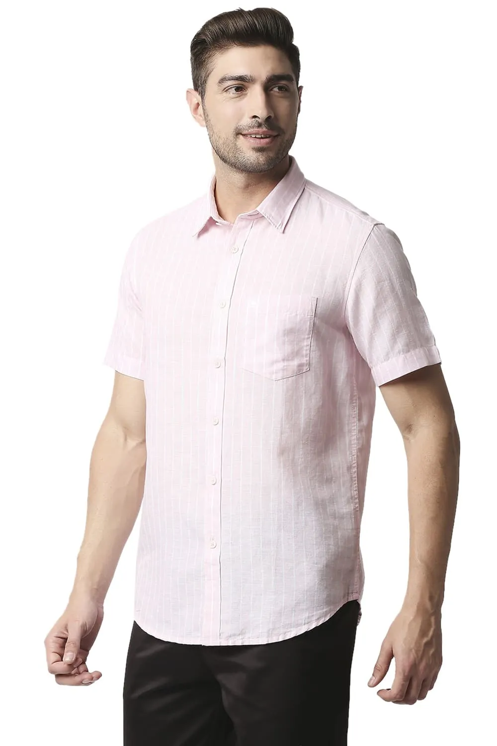 Slim Fit Cotton Linen Stripe Halfsleeves Shirt