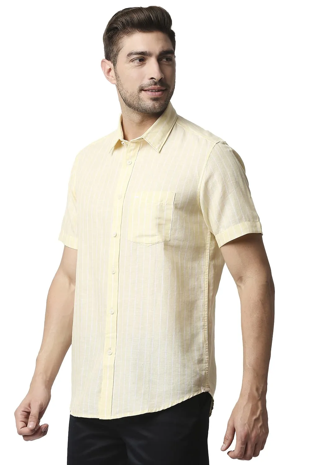 Slim Fit Cotton Linen Stripe Halfsleeves Shirt
