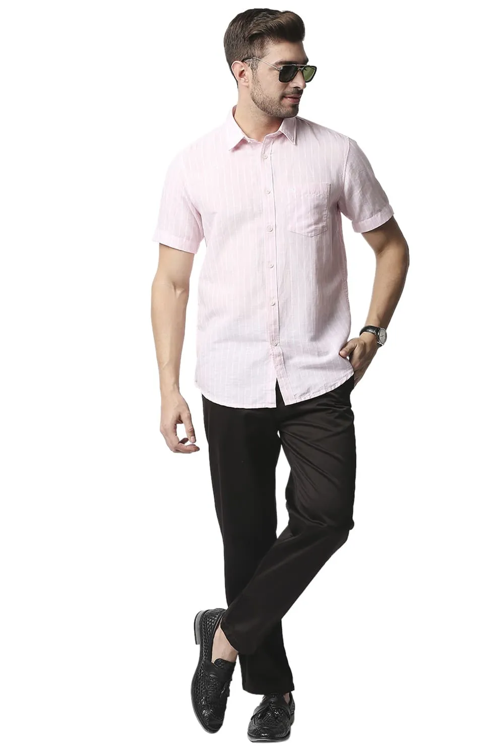 Slim Fit Cotton Linen Stripe Halfsleeves Shirt