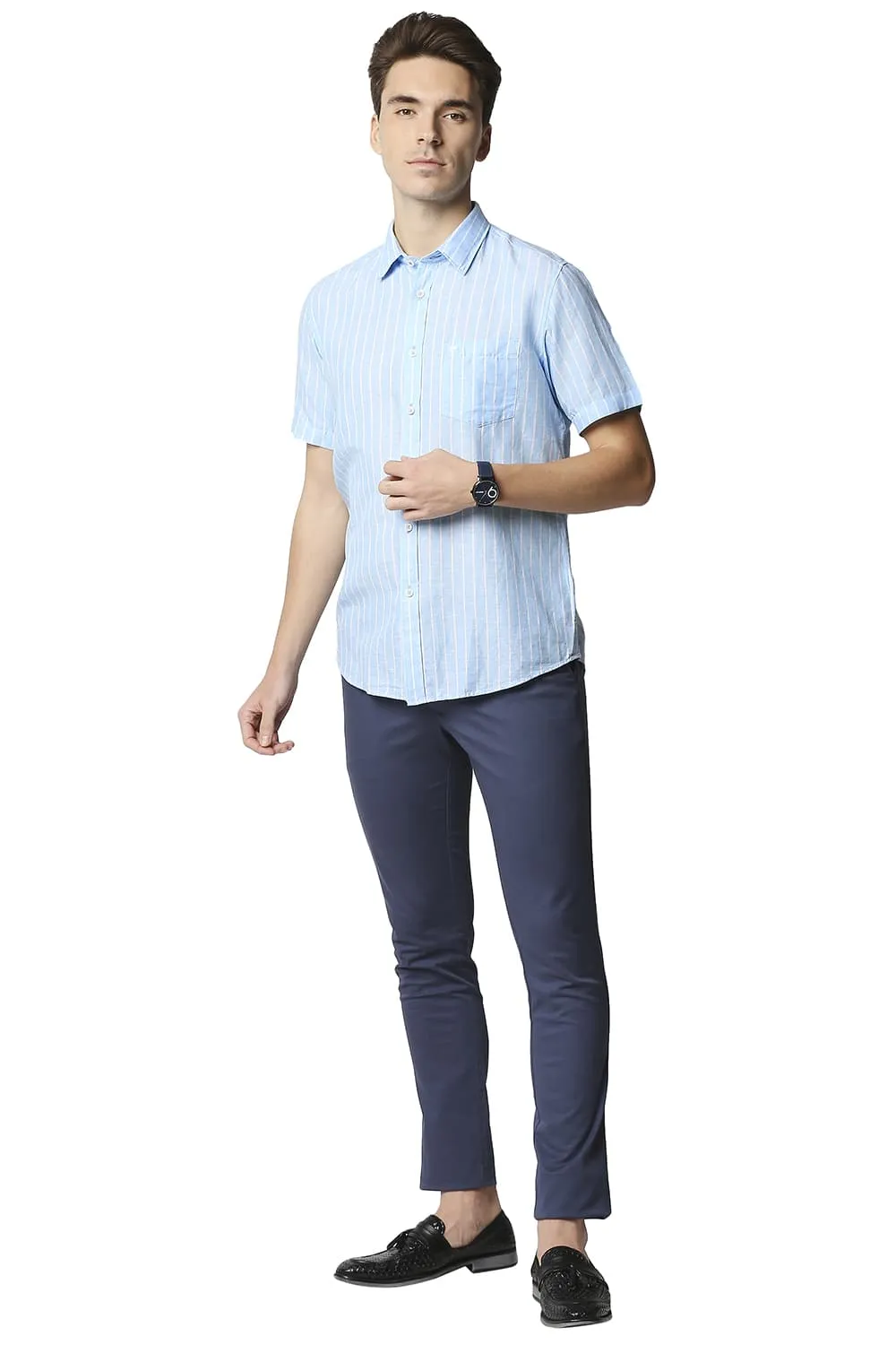 Slim Fit Cotton Linen Stripe Halfsleeves Shirt