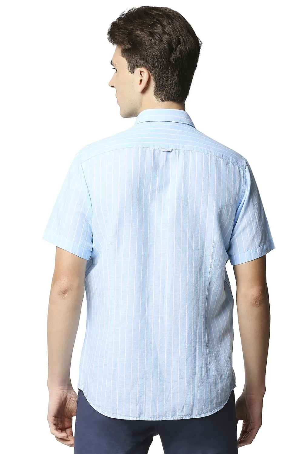 Slim Fit Cotton Linen Stripe Halfsleeves Shirt
