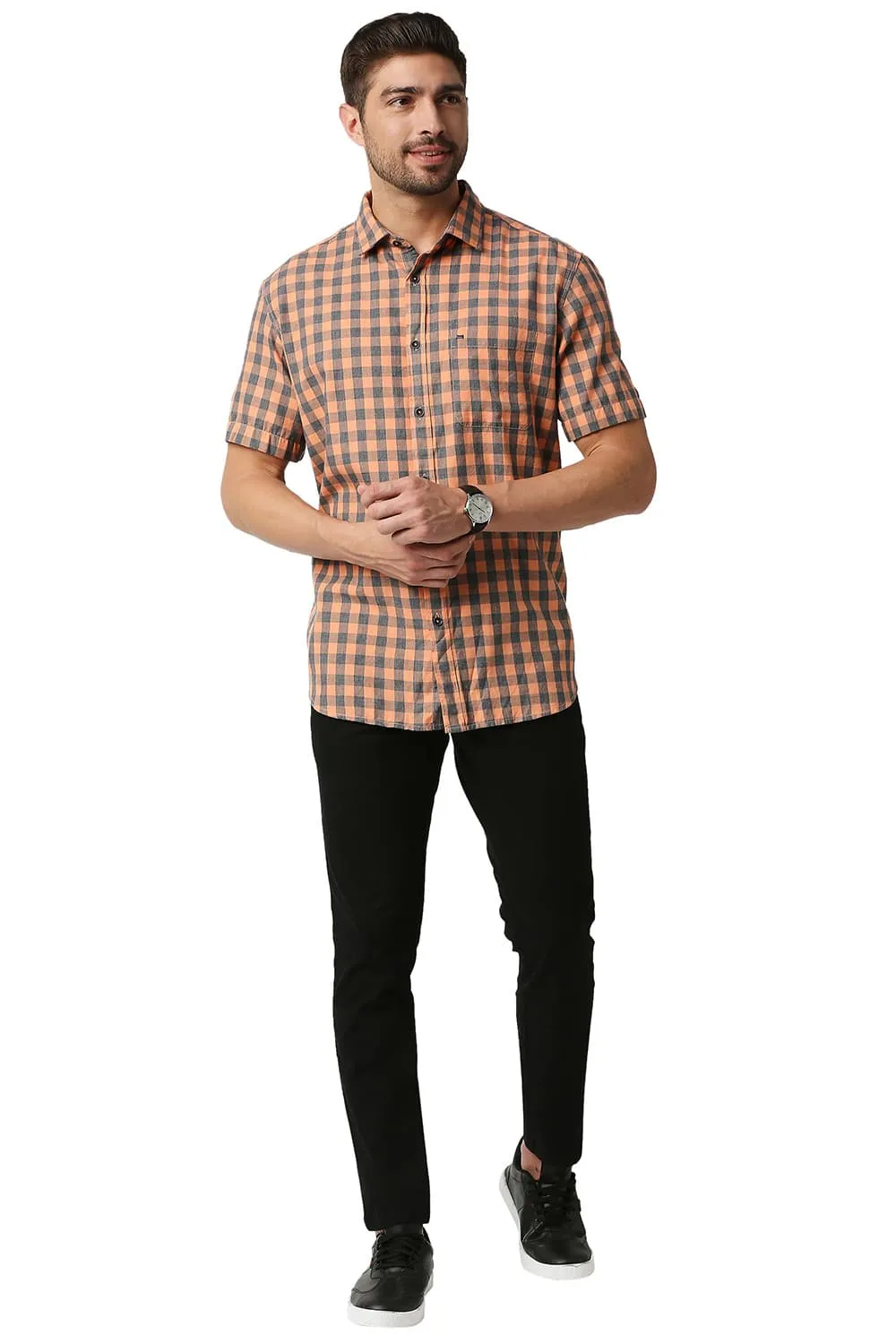 Slim Fit Melange Checks Halfsleeves Shirt