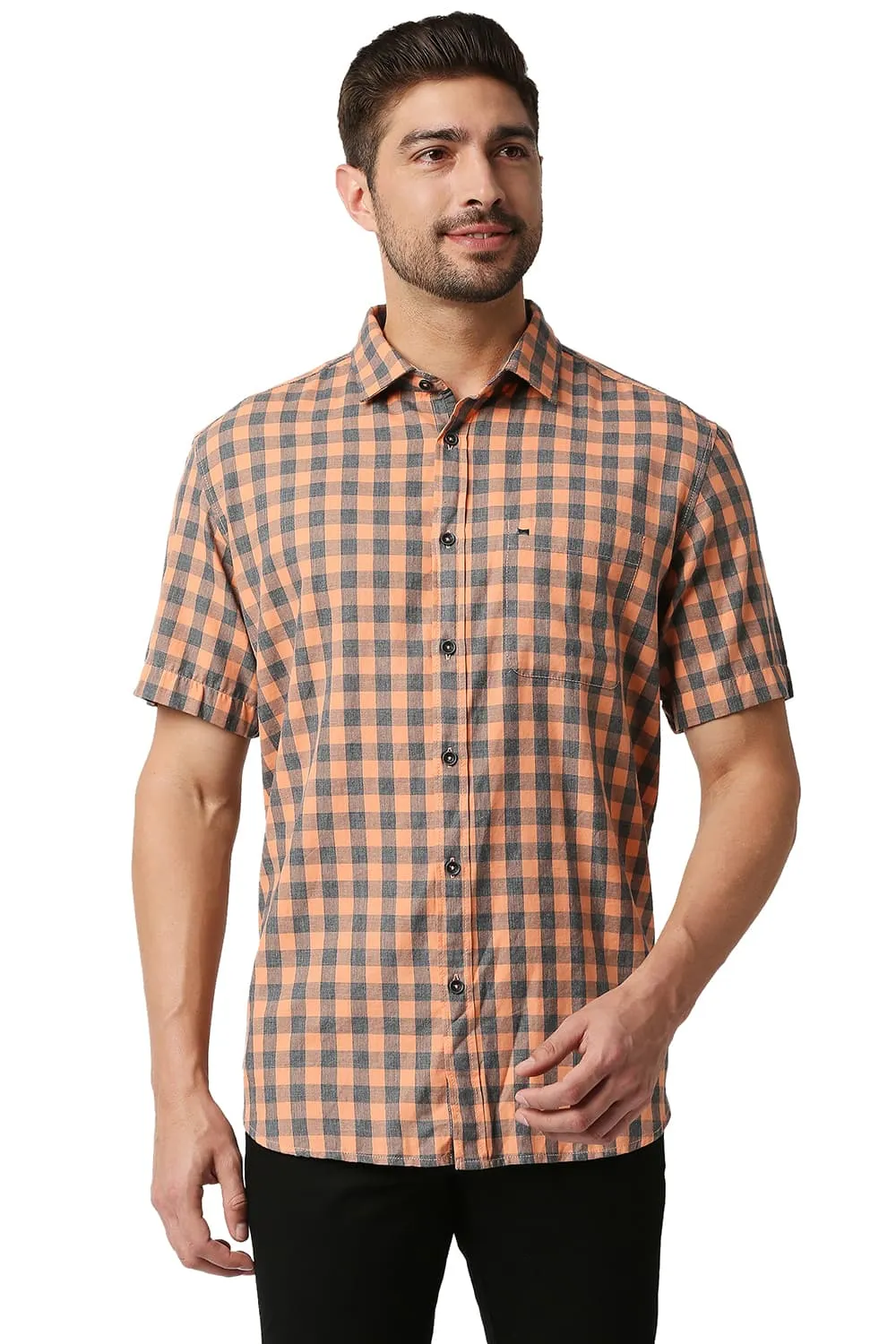 Slim Fit Melange Checks Halfsleeves Shirt