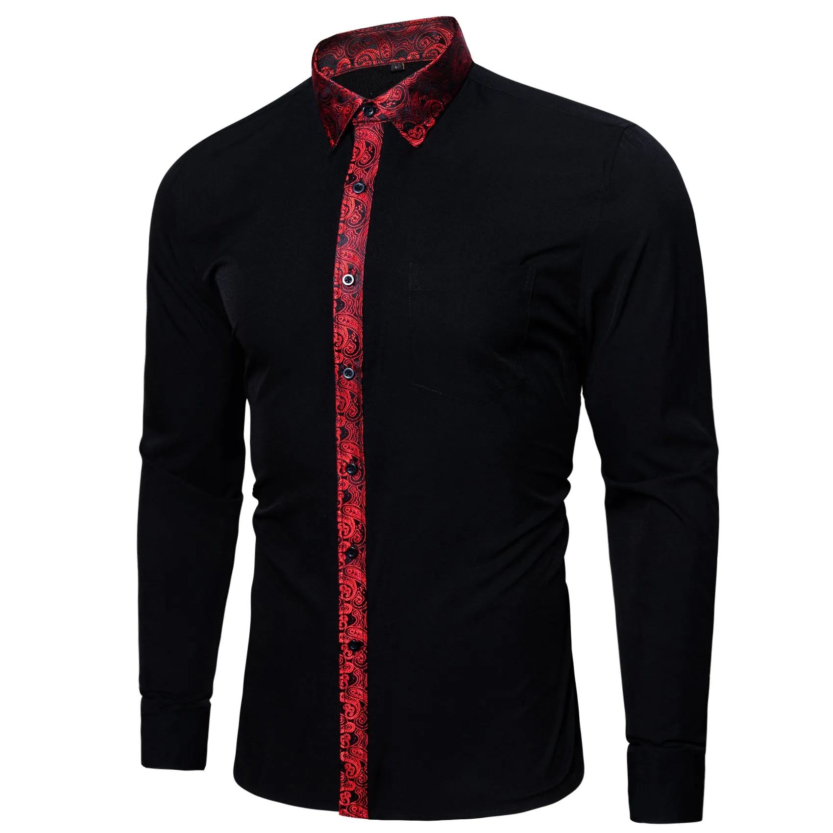 Splicing Style Black with Red Paisley Edge Men's Long Sleeve Shirt