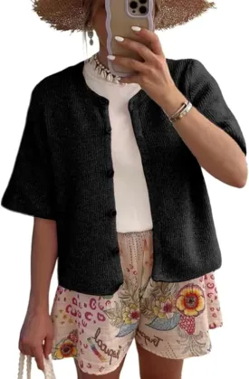 Sumleno Womens Ribbed Knit Cardigan Y2k Crop Top Short Sleeve Button Down Open Front Sweater Loose Casual Cardigan
