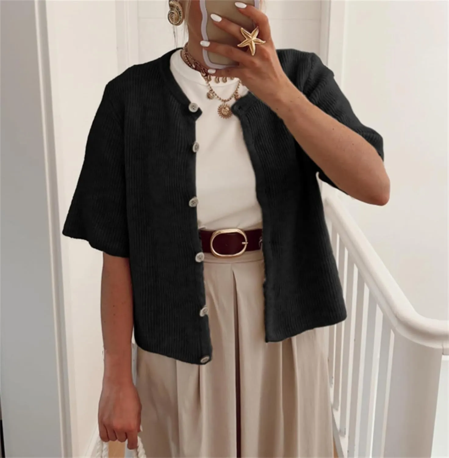 Sumleno Womens Ribbed Knit Cardigan Y2k Crop Top Short Sleeve Button Down Open Front Sweater Loose Casual Cardigan