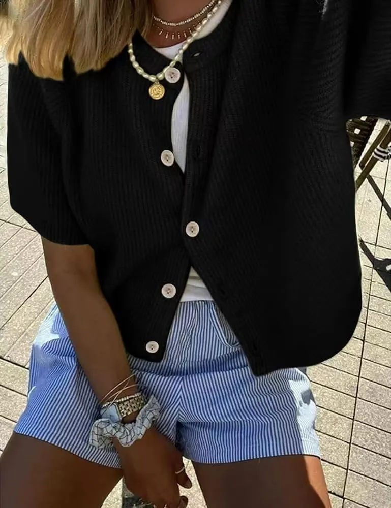 Sumleno Womens Ribbed Knit Cardigan Y2k Crop Top Short Sleeve Button Down Open Front Sweater Loose Casual Cardigan