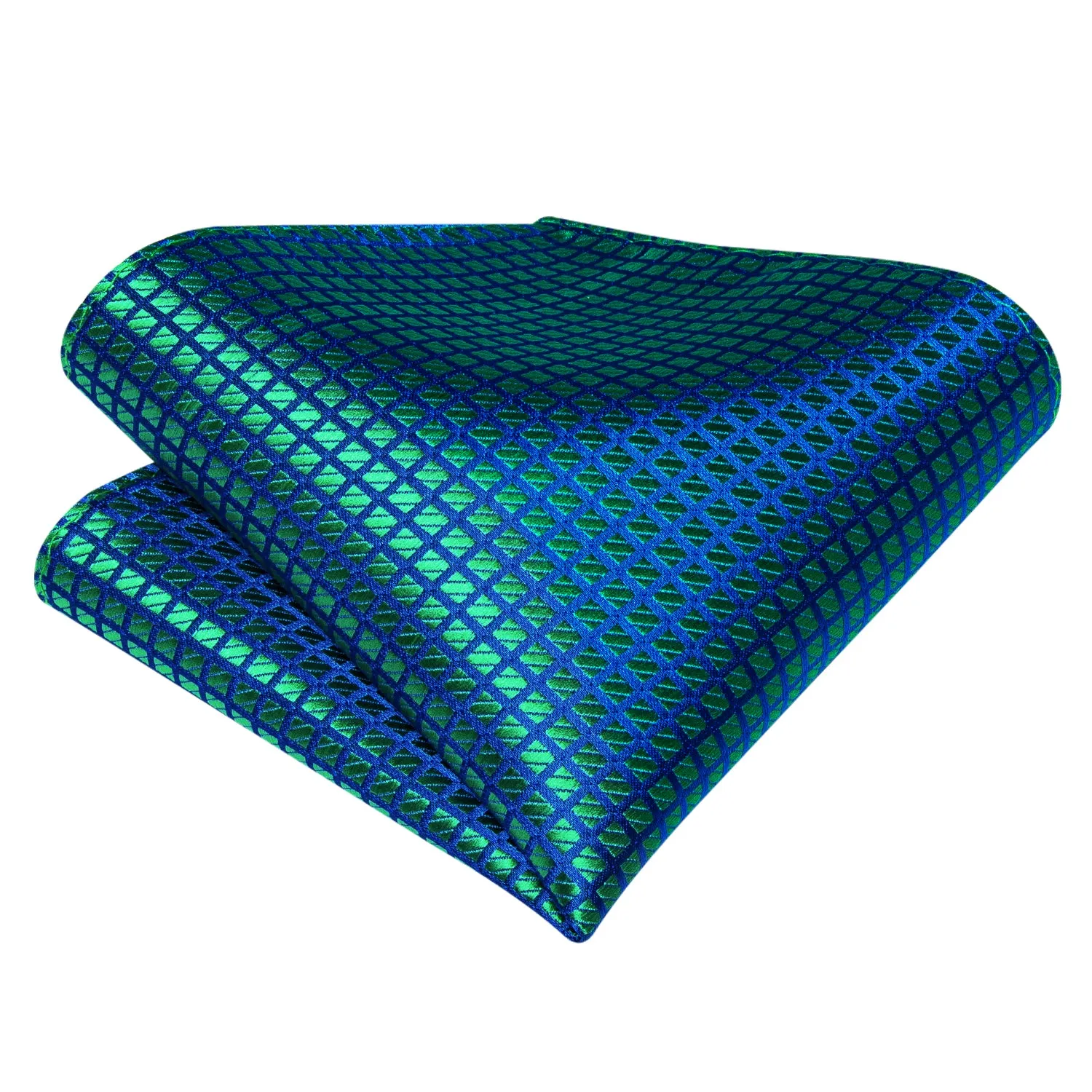 Teal Blue Grid Plaid Self-Bowtie Pocket Sqaure Cufflinks Set