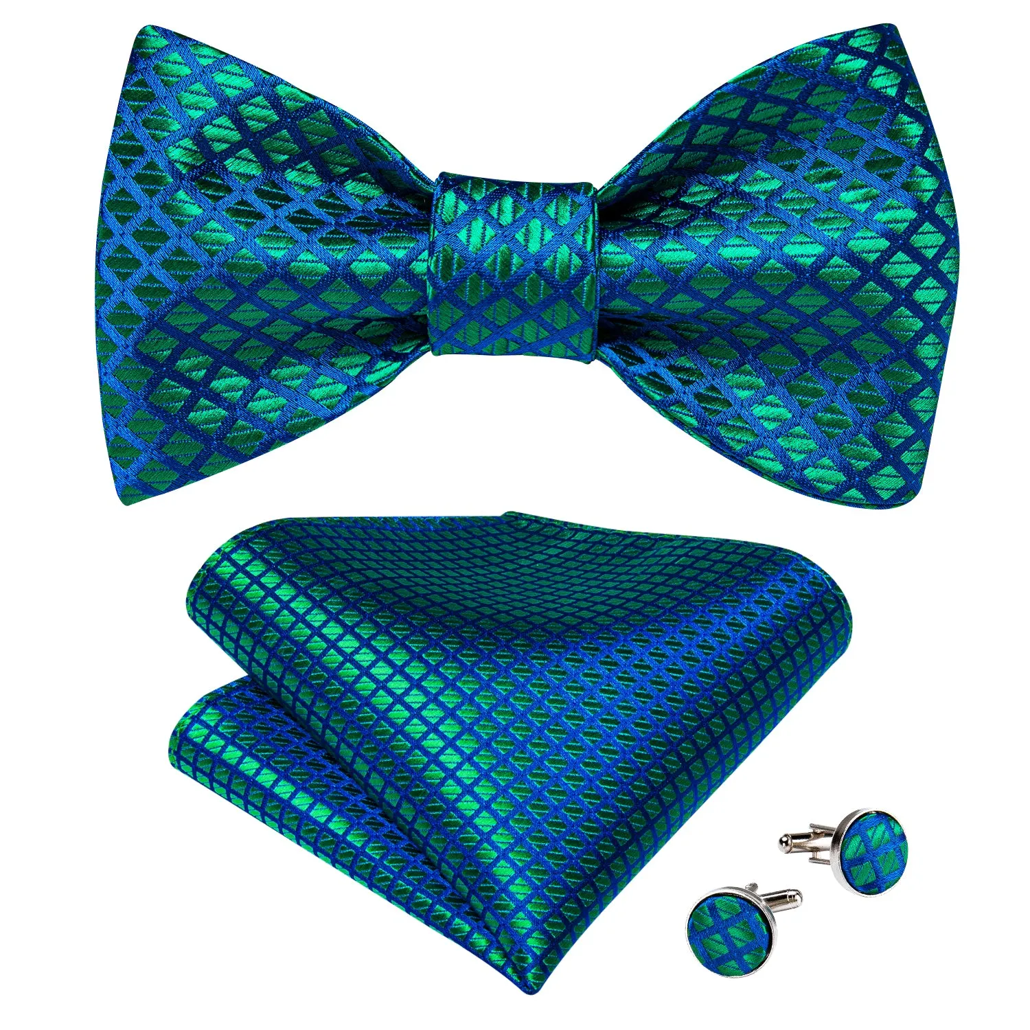 Teal Blue Grid Plaid Self-Bowtie Pocket Sqaure Cufflinks Set