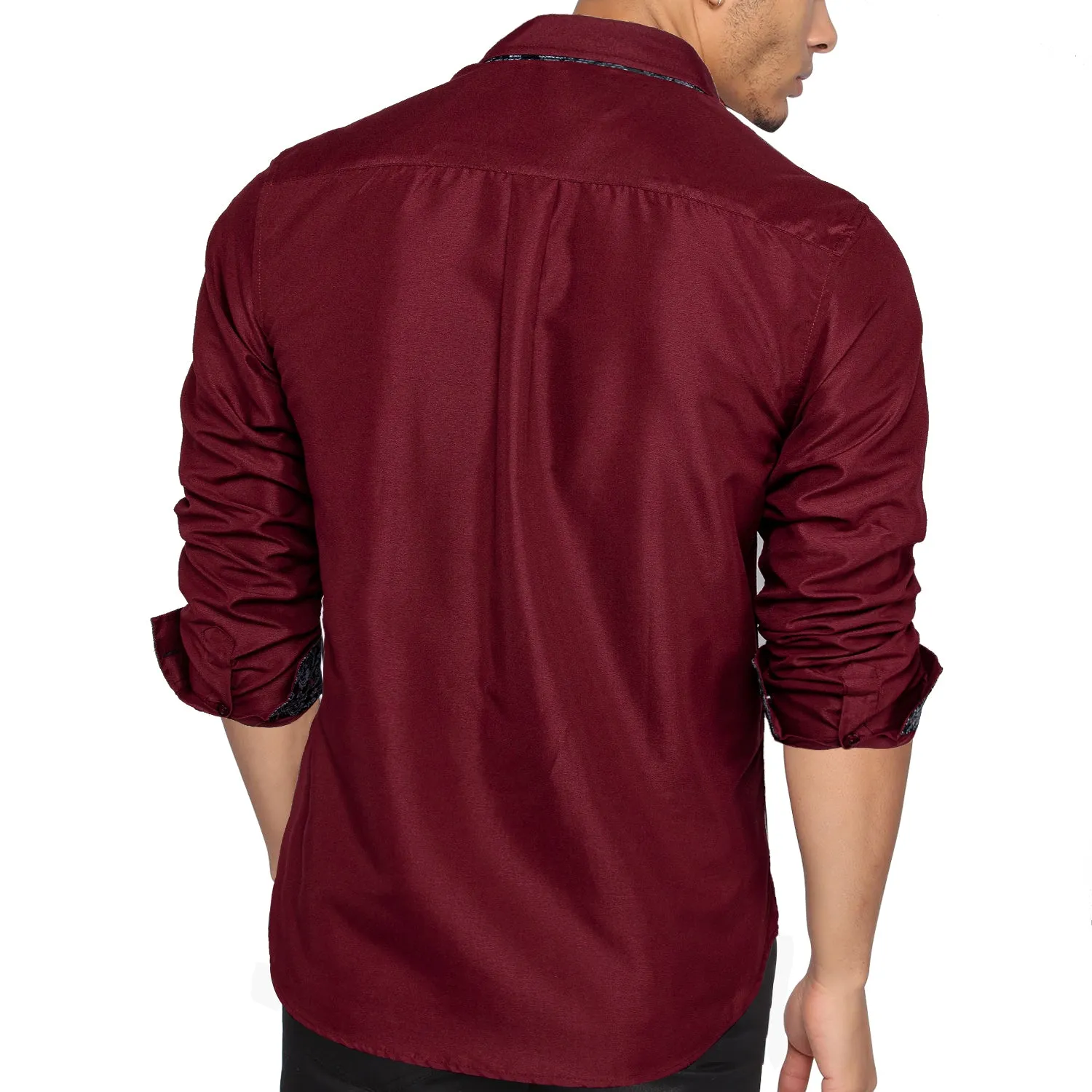 Ties2you Button Down Shirt Burgundy Black Paisley Stitching Silk Men's Long Sleeve Shirt