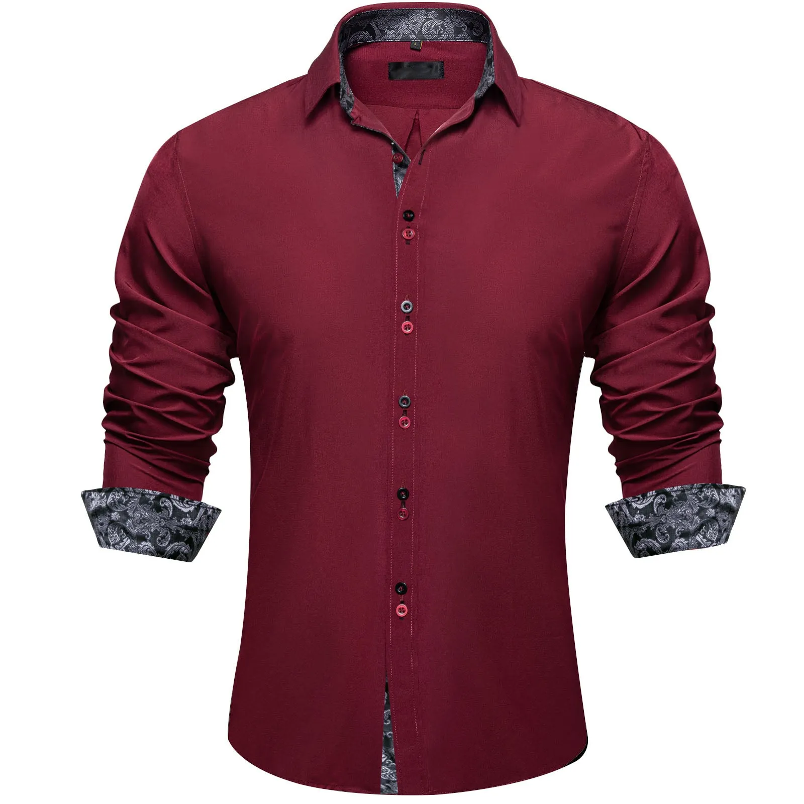 Ties2you Button Down Shirt Burgundy Black Paisley Stitching Silk Men's Long Sleeve Shirt