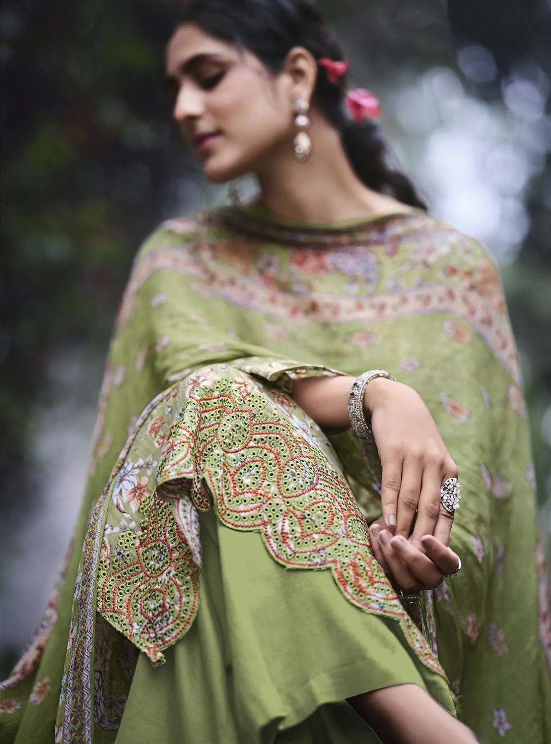 Unstitched Green Cotton Women Salwar Suit Material with Embroidery
