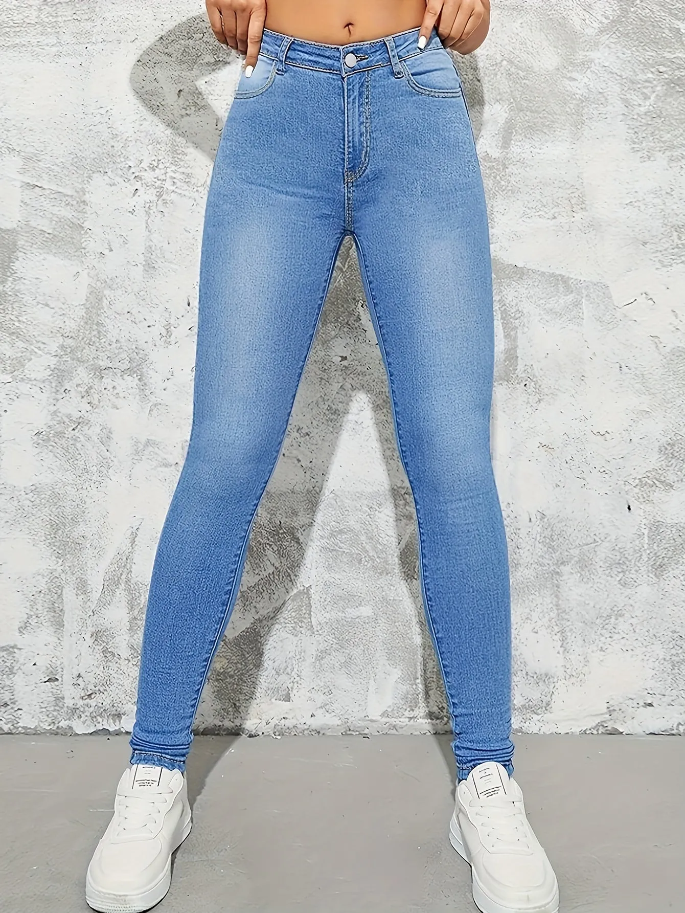 Womens High Waist Stretchy Denim Skinny Jeans in Dark Blue