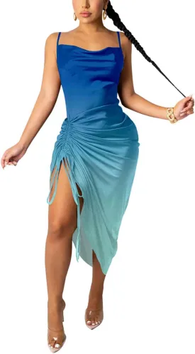 Women's Spaghetti Strap Satin Dress Sexy Backless Drawstring Ruched Split Hem Cocktail Evening Party