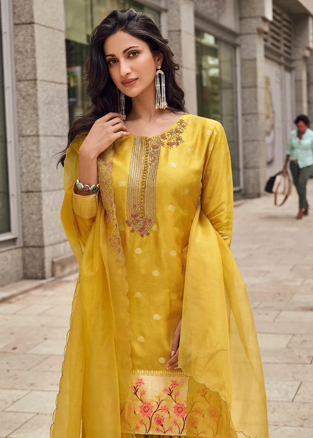 Yellow Viscose Jacquard Silk Festive Style Gharara Suit