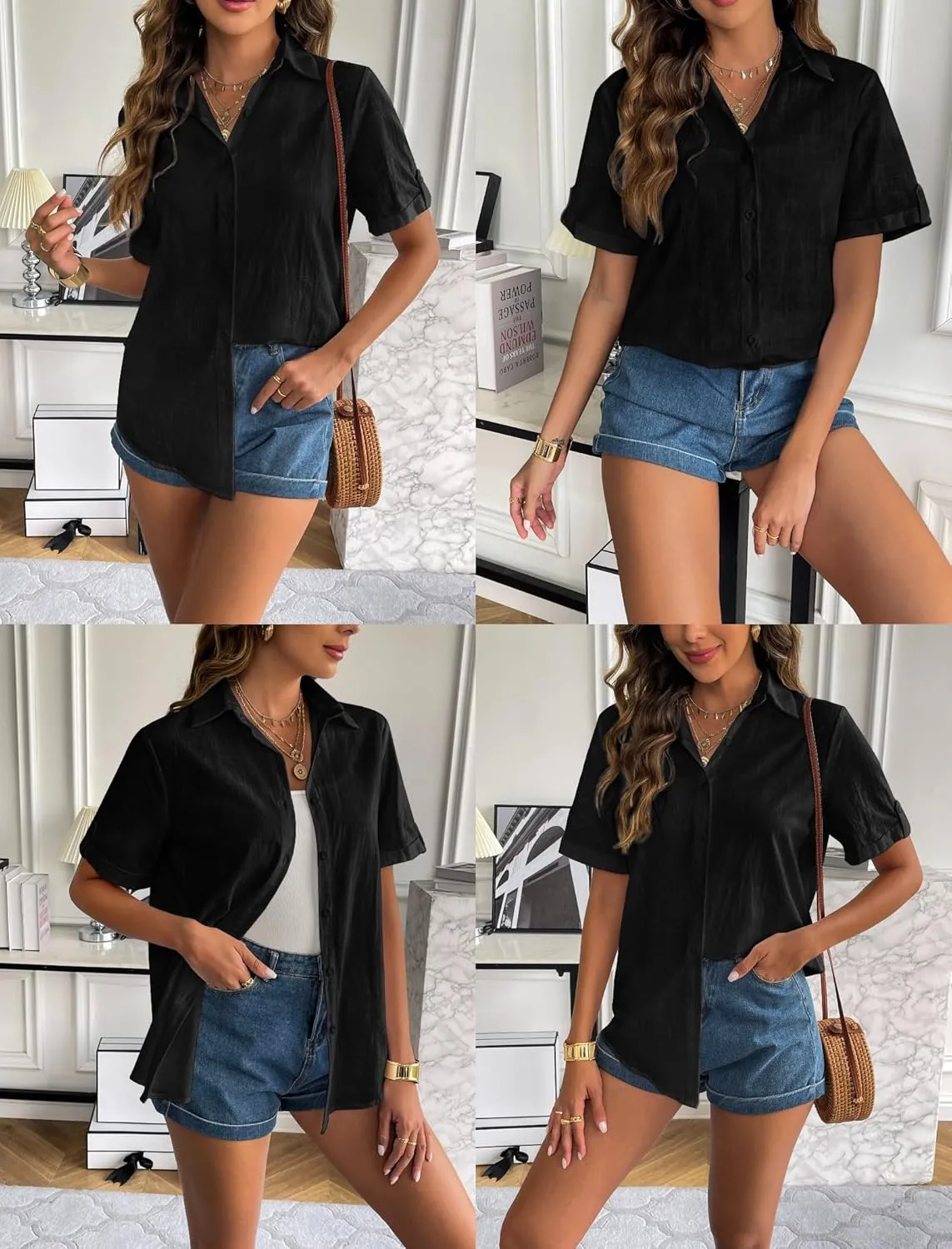 Zeagoo Women Linen Button Down Shirt Rolled Cuffed Short Sleeve Blouse Ladies Summer Casual V Neck Beach Cotton Tops