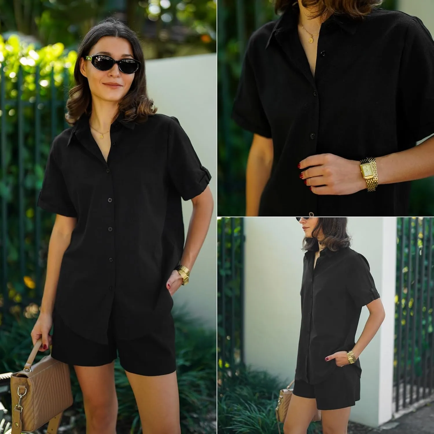 Zeagoo Women Linen Button Down Shirt Rolled Cuffed Short Sleeve Blouse Ladies Summer Casual V Neck Beach Cotton Tops
