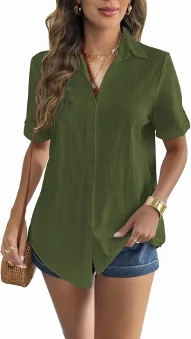 Zeagoo Women Linen Button Down Shirt Rolled Cuffed Short Sleeve Blouse Ladies Summer Casual V Neck Beach Cotton Tops