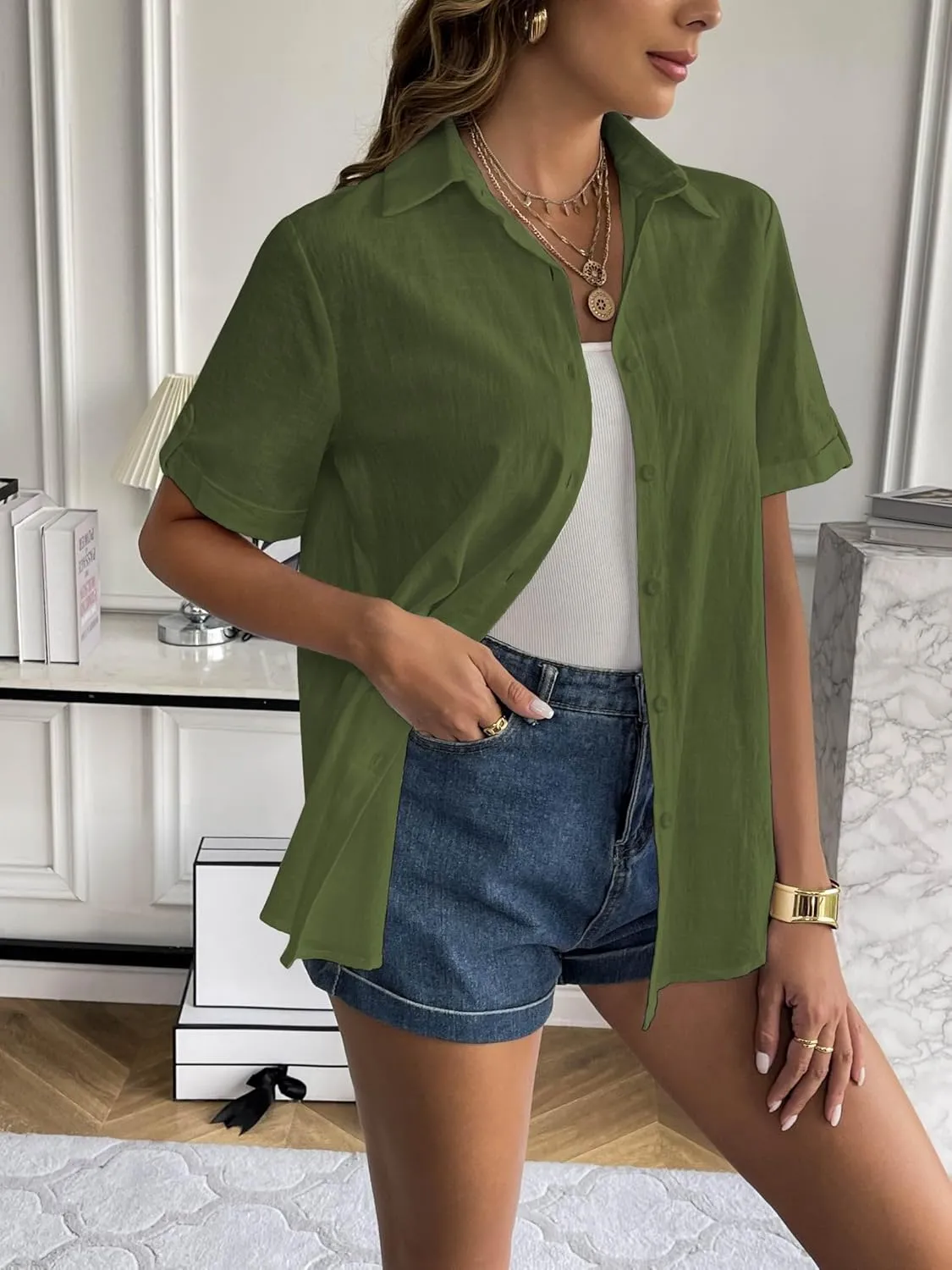 Zeagoo Women Linen Button Down Shirt Rolled Cuffed Short Sleeve Blouse Ladies Summer Casual V Neck Beach Cotton Tops